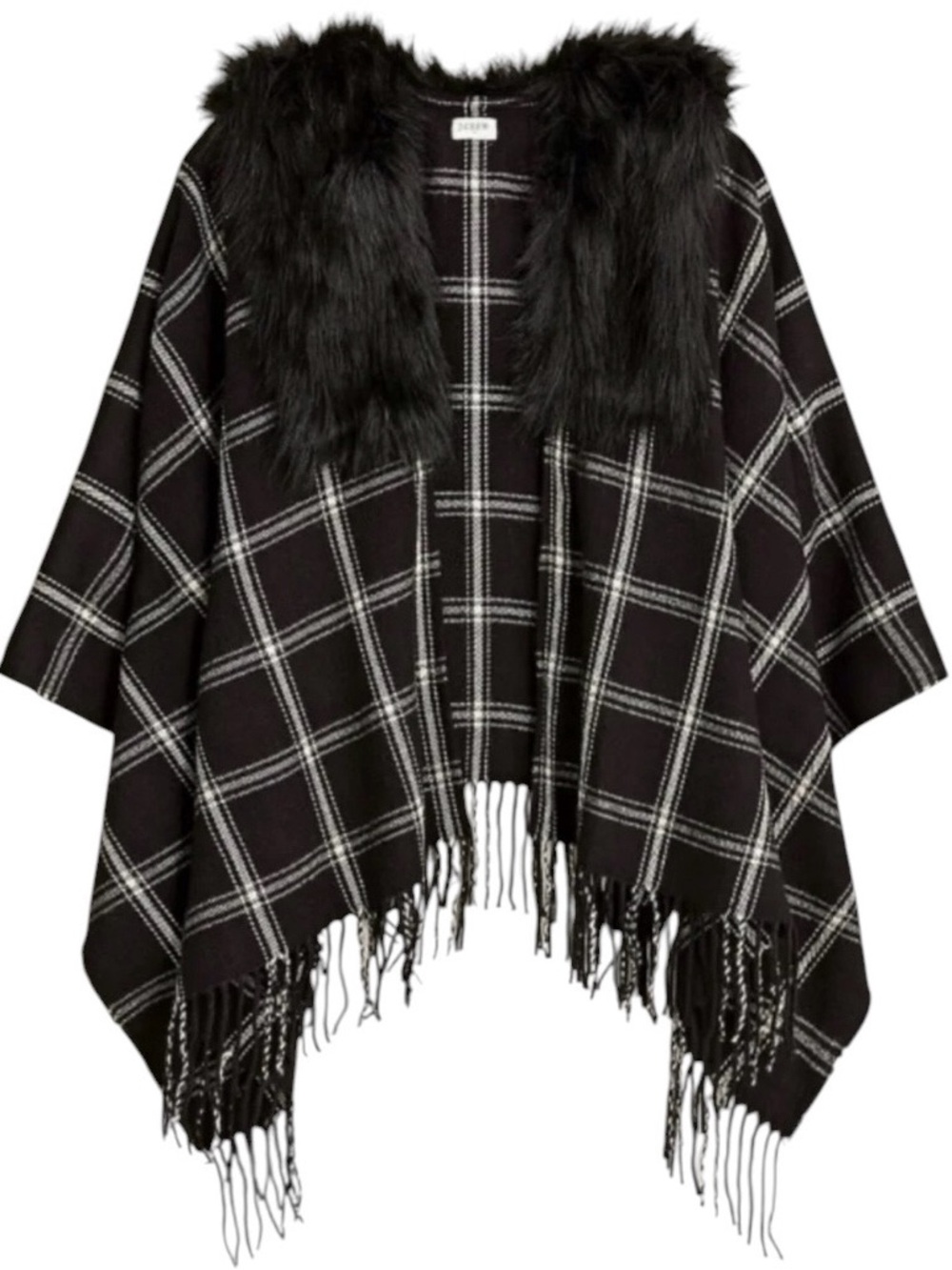J.Crew Black White Plaid Faux Fur Cape Scarf
Fringe One Size